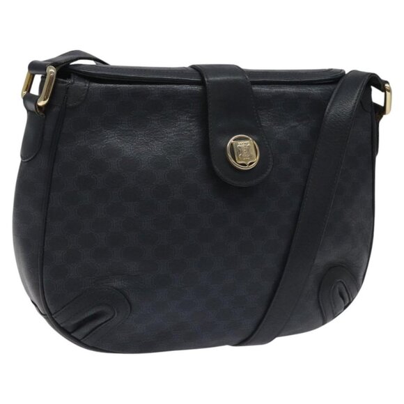 CELINE Macadam Canvas Shoulder Bag Leather Navy Gold Auth 114752 - Picture 1 of 16